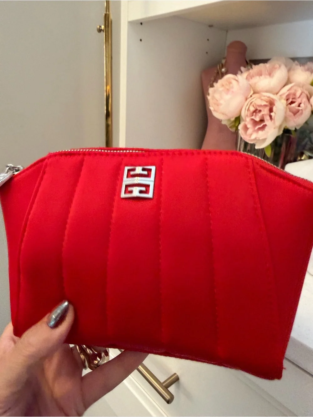 Red Quilted givenchy perfumes nwot Cosmetic zipper Pouch with Silver Logo